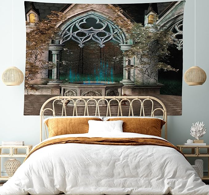 Ambesonne Gothic Tapestry, Patio with Enchanted Wishing Well Ivy on Antique Gateway to Forest, Wide Wall Hanging for Bedroom Living Room Dorm, 80" X 60", Taupe Green