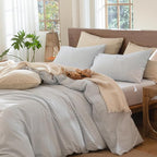MooMee Striped Duvet Cover Set 100% Washed Cotton Linen Like Textured Breathable Durable Soft Comfy (Cornflower Blue White Pinstripes, Alaska King 132"x120")
