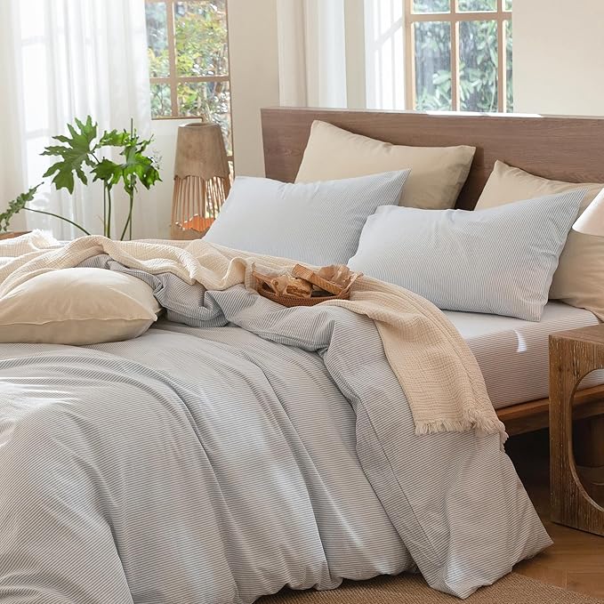 MooMee Striped Duvet Cover Set 100% Washed Cotton Linen Like Textured Breathable Durable Soft Comfy (Cornflower Blue White Pinstripes, Cal King 104"x98")