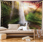 Ambesonne Waterfall Tapestry Queen Size, Waterfalls at Sunset Sky in Iceland Scenic Spring Rural Wildlife Art Image, Wall Hanging Bedspread Bed Cover Wall Decor, 88" X 88", Green Orange