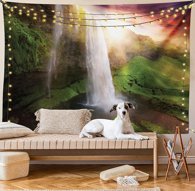 Ambesonne Waterfall Tapestry Twin Size, Waterfalls at Sunset Sky in Iceland Scenic Spring Rural Wildlife Art Image, Wall Hanging Bedspread Bed Cover Wall Decor, 68" X 88", Green Orange