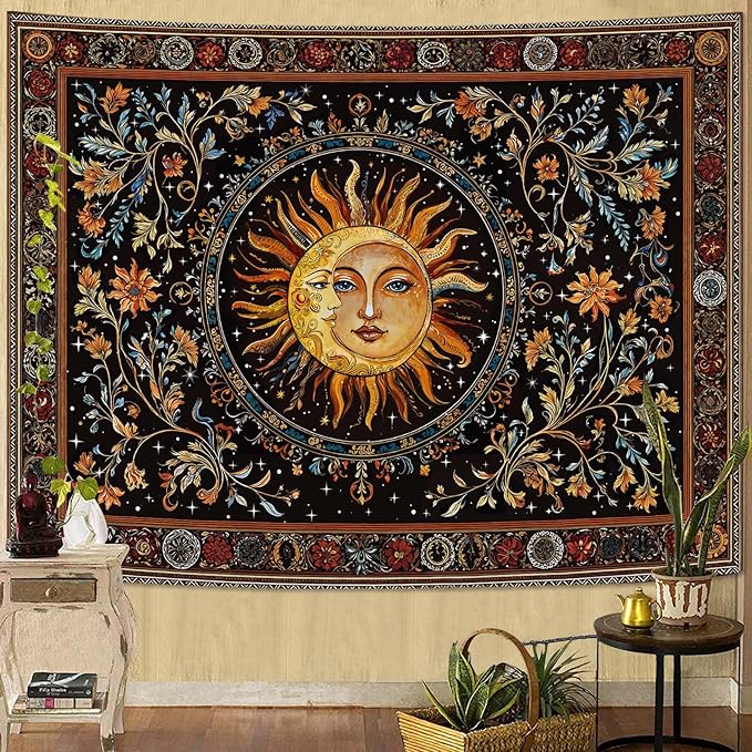 Accnicc Vintage Sun and Moon Tapestry Hippie Indie Boho Floral Wall Tapestry for Bedroom Aesthetic Stained Glass Celestial Plant Small Tapestries Wall Hanging for Living Room Dorm 60 x 44 Inch