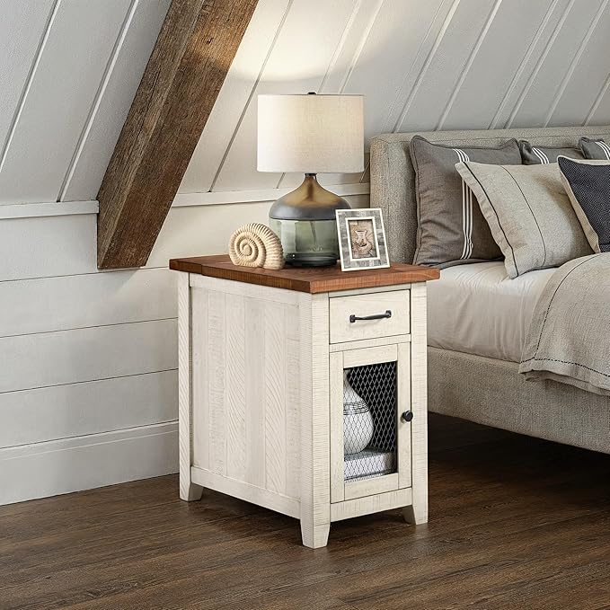Martin Svensson Home Solid Wood White and Honey Rustic Chairside End Table with Power and Storage