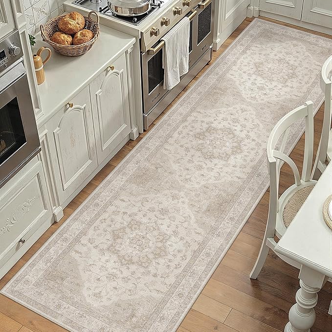 Beige Runner Rug 2x8 Washable Vintage Long Carpet for Hallway Kitchen Soft Retro Low Pile Thin Indoor Runner Non Slip Oriental Medallion Throw Rug for Bathroom Bedroom Laundry Dining Room