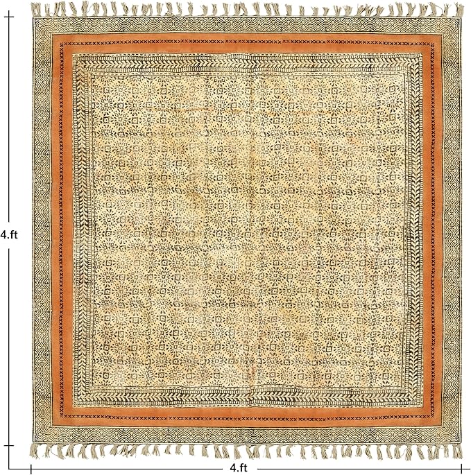 Area Rug 4' Square Rug Bronze & Black Cotton Dhurrie Oriental Thick 0.19 inches Stone Easy Washable Rug Hand Wash Cotton Carpet Flatweave Rug Indoor Outdoor Rugs for Kitchen, Bedside, Enterway