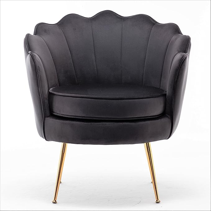 Velvet Barrel Accent Chair with Scalloped Silhouette and Gold Metal Legs, Decorative Piece Suitable for Traditional, Modern, and Contemporary Spaces, Black