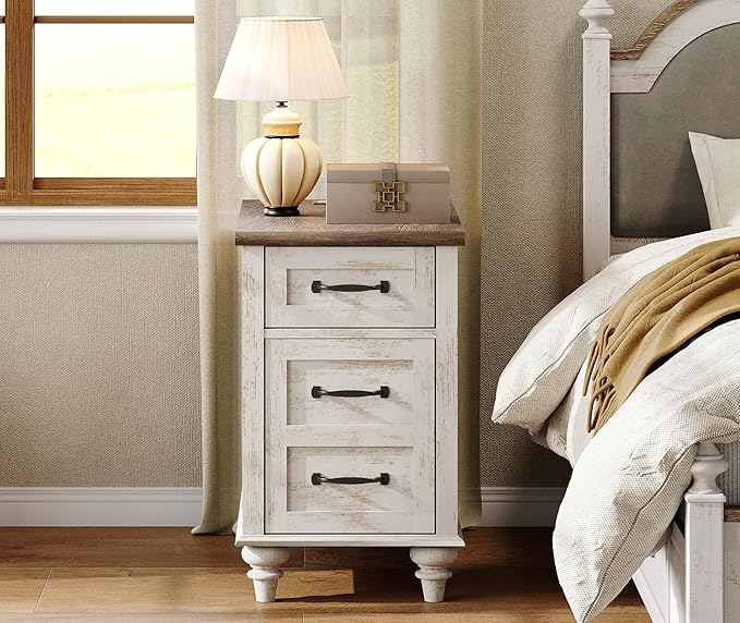WAMPAT End Table with Charging Station, Antique White Side Table with Storage Cabinet & Drawer, Wooden Nightstand with Power Outlets & Type-C USB Ports for Bedroom, Dorm