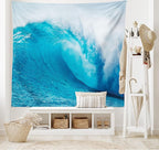 Ambesonne Ocean Tapestry King Size, Wavy Ocean Adventurous Surfing Extreme Water Sports Summer Holiday Destination Print, Wall Hanging Bedspread Bed Cover Wall Decor, 104" X 88", Aqua White
