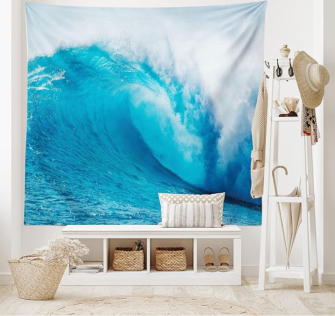 Ambesonne Ocean Tapestry Queen Size, Wavy Ocean Adventurous Surfing Extreme Water Sports Summer Holiday Destination Print, Wall Hanging Bedspread Bed Cover Wall Decor, 88" X 88", Aqua White