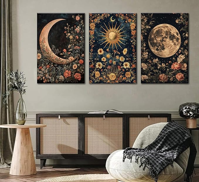 3Pcs Sun and Moon Celestial Canvas Wall Art Vintage Gothic Mystical Crescent Floral Plant Dark Academia Painting Picture Wall Decor Posters Print Artwork for Living Room Bedroom Decoration (16L" x 12W"-Canvas)