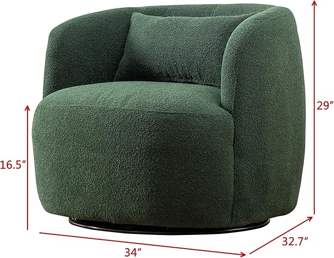 KINWELL 34" Wide Boucle Swivel Barrel Chair with 23" Ottoman Set, Fully Assembled Set of Sherpa Accent Chair and Footrest, Modern Comfy Armchair and Footstool for Living Room and Bedroom, Green