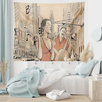 Ambesonne Jazz Music Tapestry King Size, Singer Double-Bass Player in a Street of New York Urban Lifestyle Image, Wall Hanging Bedspread Bed Cover Wall Decor, 104" X 88", Brown Beige