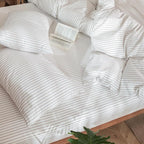 MooMee Striped Duvet Cover Set 100% Washed Cotton Linen Like Textured Breathable Durable Soft Comfy (White Orange Wide Stripes, King 104"x90")