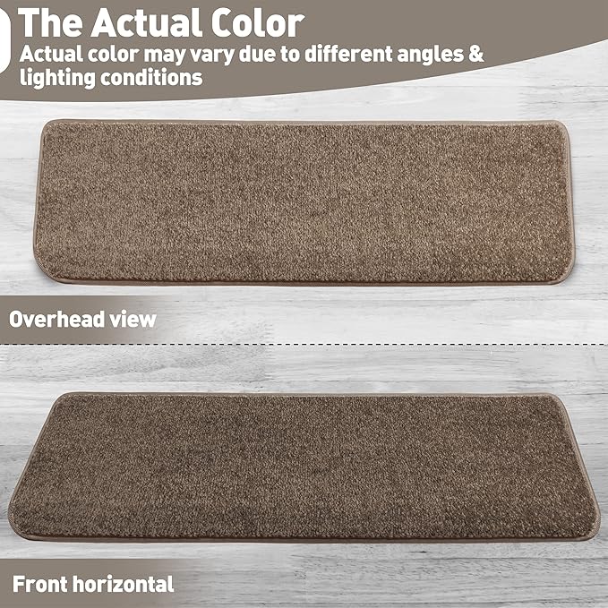 PURE ERA Bullnose Carpet Stair Treads Set Tape Free Non-Slip Indoor Stair Protectors Pet Friendly Rugs Covers Soft Skid Resistant Washable Reusable 9.5" x 30"(14 Pieces, Camel Brown)