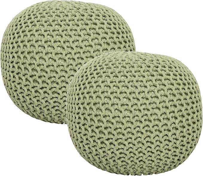 REDEARTH · Round Pouf Ottoman - Hand Knitted Cable Boho Poof Home Décor Pouffe Circular Footrest for Living Room - Nursery - Bedroom - Lounge 100% Cotton (19.5"x19.5"x14") - Kiwi, Set of 2