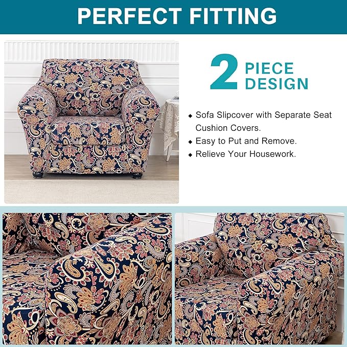 KRFOONN 2 Piece Chair Covers Printed Sofa Covers Couch Covers Washable Armchair Sofa Couch Slipcover Furniture Protector with Elastic Bottom for Living Room (Armchair, 62), Small