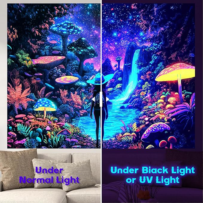Blacklight Tapestry Girl Adventurer Tapestries Fantasy Forest Mushroom Trippy Starry Sky Cool Wall Hanging Neon Nature Plant Decor for Bedroom 79X59in