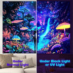 Blacklight Tapestry Girl Adventurer Tapestries Fantasy Forest Mushroom Trippy Starry Sky Cool Wall Hanging Neon Nature Plant Decor for Bedroom 79X59in