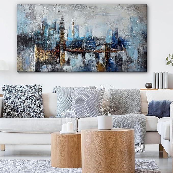 Pogusmavi Large Wall Art for Bedroom Abstract City View Canvas Art Modern Home Decor Gray Blue Buildings Prints for Bedroom Wall Art Office Artwork Wall Decor for Living Room Decor 24x48 inches