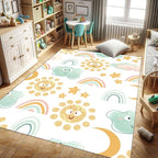 Cute Fluffy Kids Rugs Girls Bedroom Rainbow Rugs Living Room Colorful Floor Mats Soft Washable Non-Slip Rugs Smiling Sun White Cloud Patterns Kids Room Nursery Decoration 6x8ft