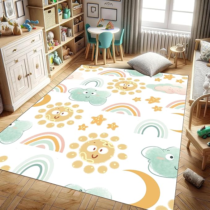 Cute Fluffy Kids Rug - Rainbow, Colorful Floor Mats, Soft, Washable, Non-Slip - Smiling Sun, White Cloud Patterns - Kids Room, Nursery Decoration - 4x6ft