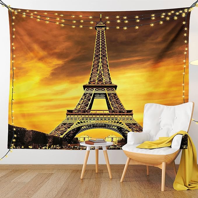 Ambesonne Eiffel Tower Tapestry, Paris Love City Monument in Dramatic Sunrise Picture of French Landmark, Fabric Wall Hanging Decor for Bedroom Living Room Dorm, 23" X 28", Yellow Brown