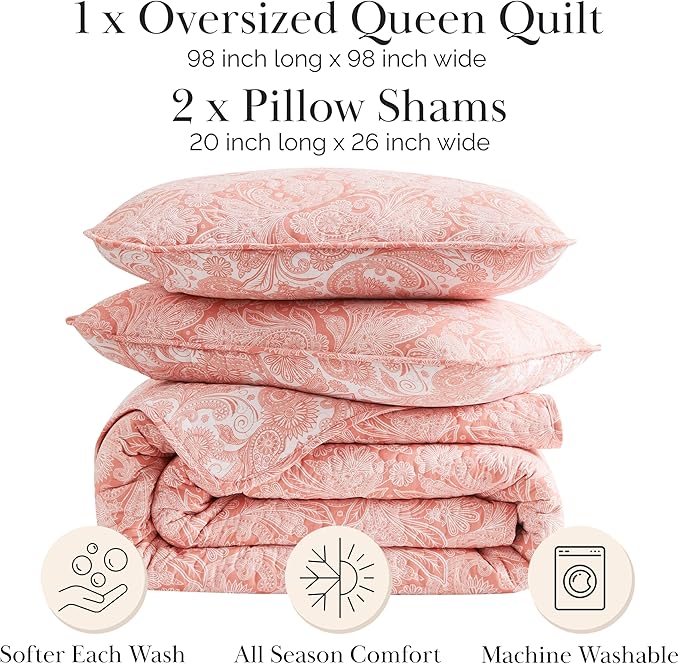 Southshore Fine Living, Inc. Paisley Quilt Queen Size Bedding Set, Summer Coverlet, Boho Bedspread, 3-Piece Farmhouse Bedding with Two Matching Pillow Shams, Full/Queen Bed Set, Reversible Coral
