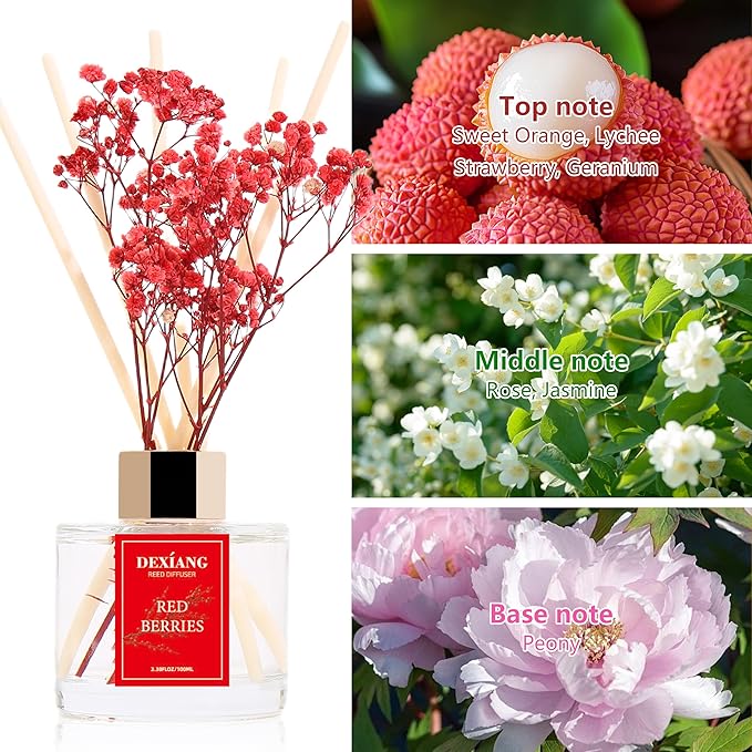 Reed Diffuser Set - 3.38 fl oz Red Berries Premium Scented Oil with Preserved Baby's Breath & Cotton 6 Sticks | Long-Lasting Aromatherapy for Home, Bedroom, Bathroom, Office Home Decor