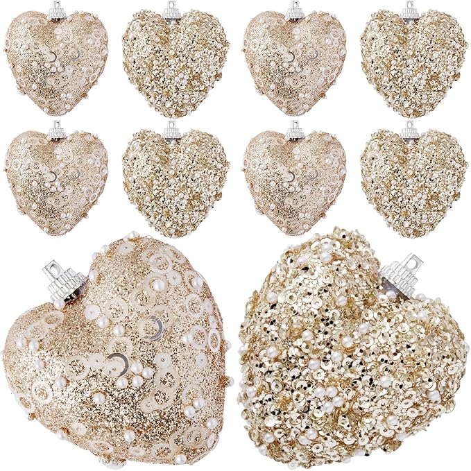 Champagne Christmas Ball Heart Ornaments 10Pcs Glitter Sequin Heart Shaped Baubles Decoration Valentines Pearl Foam Hanging Decor(2.36in)