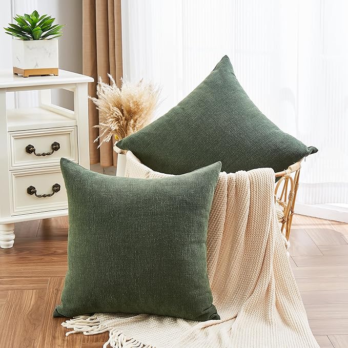 GAWAMAY Decorative Square 16"x16" Inch Throw Pillow Covers Set of 2, Super Soft Chenille Pillows Farmhouse Pillowcase for Living Room Bedroom Sofa Couch Cushion Cover Dark Green 40x40cm (No Insert)