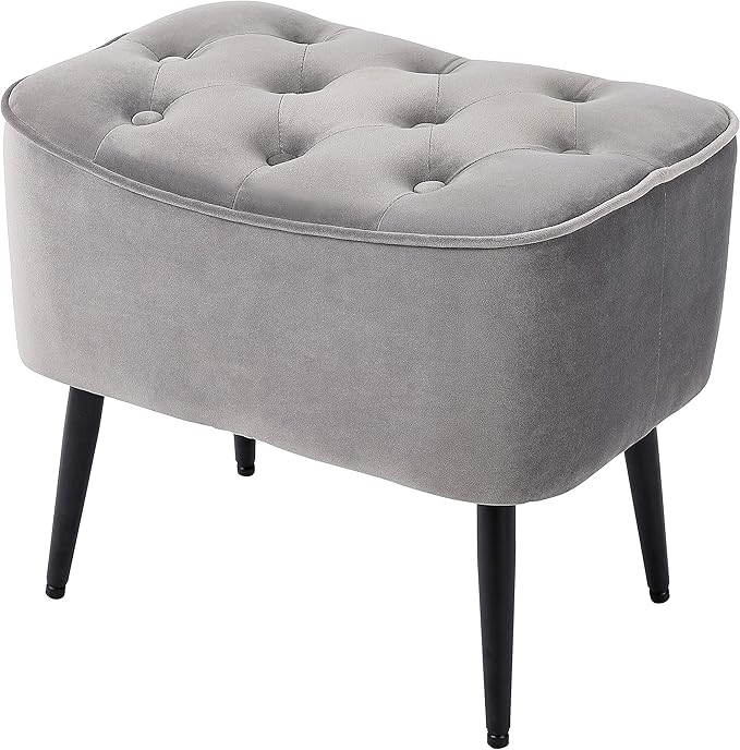 BIRDROCK HOME Tufted Curve Ottoman Velvet Foot Stool - Upholstered Padded Footrest for Living Room or Bedroom - Small Cushioned Accent Chair for Couch, Sofa, Large Seating - Modern Furniture - Grey