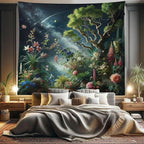 Ambesonne Aesthetic Tapestry King Size, Exotic Forest of Twilight with Trees Bushes and Flowers Falling Stars, Wall Hanging Bedspread Bed Cover Wall Decor, 104" X 88", Green Dark Night Blue