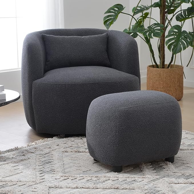 KINWELL 34" Boucle Swivel Barrel Chair with 23" Ottoman Set, Fully Assembled Set of Sherpa Accent Chair and Footrest, Modern Comfy Armchair and Footstool for Living Room and Bedroom, Dark Grey