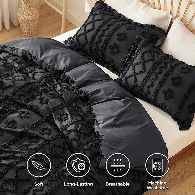 Bedsure Boho Duvet Cover King Size, Soft & Comfortable Elegant Design Boho Bedding for Decoration, Machine Washable Comforter Cover for All Seasons,Includes 1 Duvet Cover & 2 Pillow Shams,Black
