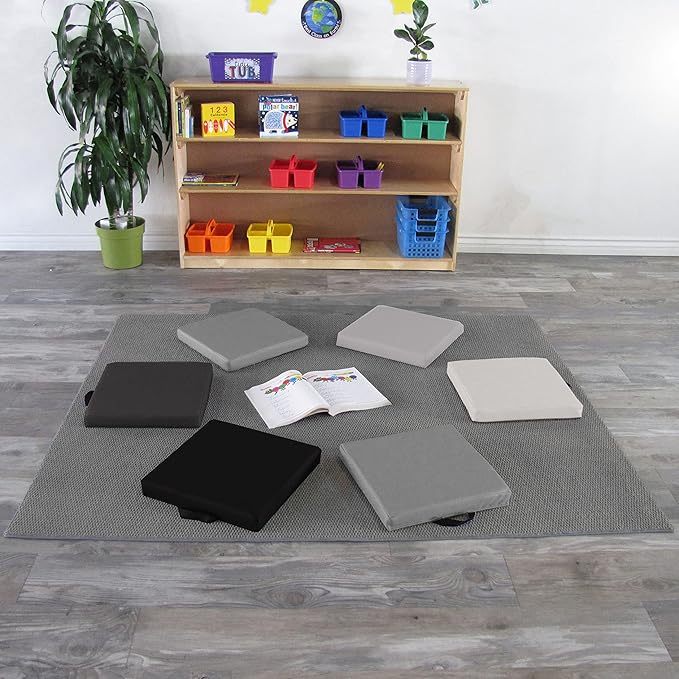 Factory Direct Partners SoftScape 15 inch Square Classroom Floor Cushions with Handles; Flex Seating for Daycare, Preschool, Playroom; 2 inch Thick Deluxe Foam (6-Piece) - Gray/Light Gray, 12228-GYLG