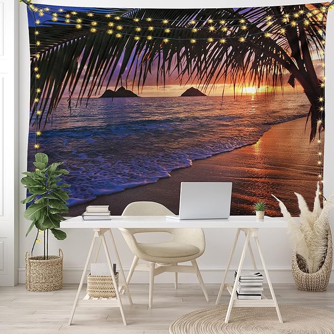Ambesonne Hawaiian Tapestry King Size, Pacific Sunrise at Lanikai Beach Hawaii Sandy Tropics Hills Leaves Landmark, Wall Hanging Bedspread Bed Cover Wall Decor, King Size, Umber Purple