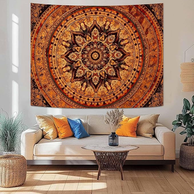 Lifeel Orange Mandala Tapestry, Bohemian Medallion Hippie Decor Home Tapestries for Bedroom Living Room, 60x80 inches