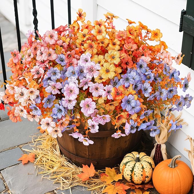 Artificial Fall Flowers Fake Mums for Outdoor Autumn Decoration, 12 Bundles Faux Silk Orange Yellow Mums Daisy Look Real UV Resistant for Outside Home Porch Patio Planter (Fall-6multicolor)