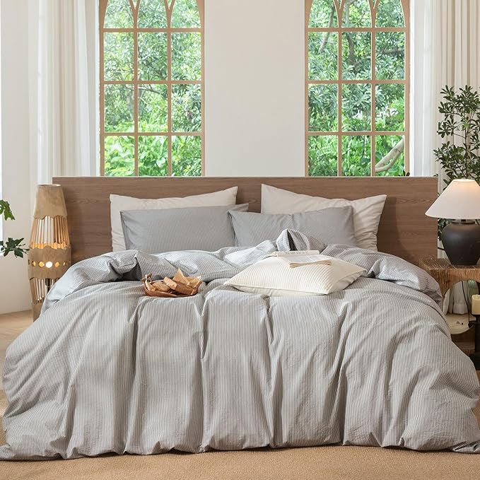 MooMee Striped Duvet Cover Set 100% Washed Cotton Linen Like Textured Breathable Durable Soft Comfy (Dark Grey White Pinstripes, Queen 90"x90")