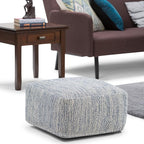 SIMPLIHOME Nate Square Pouf - 20 inch Wide Upholstered Handwoven Cotton Ottoman in Patterned Denim Melange, Boho Footstool or Extra Seating for Living Room with Artisanal Texture, Assembled