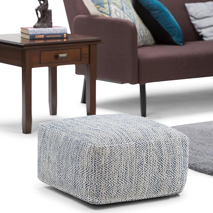 SIMPLIHOME Nate Square Pouf - 20 inch Wide Upholstered Handwoven Cotton Ottoman in Patterned Denim Melange, Boho Footstool or Extra Seating for Living Room with Artisanal Texture, Assembled