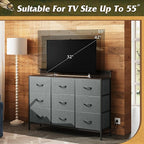 WLIVE Grey Dresser TV Stand for 45, 50, 55 inch TV, Entertainment Center with LED Lights & Charging Station, Chest of drawers with 9 Fabric Drawers and Open Shelves for Living Room, Hallway, Dark Grey