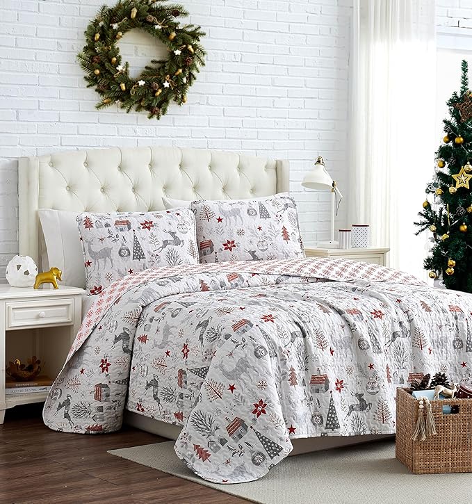 Southshore Fine Living, Inc. Holly Jolly Christmas Quilt Comforter, Holiday Bedding Set 2-Piece Oversized Christmas Bedding Quilt Set with Quilted Shams, Twin/Twin XL