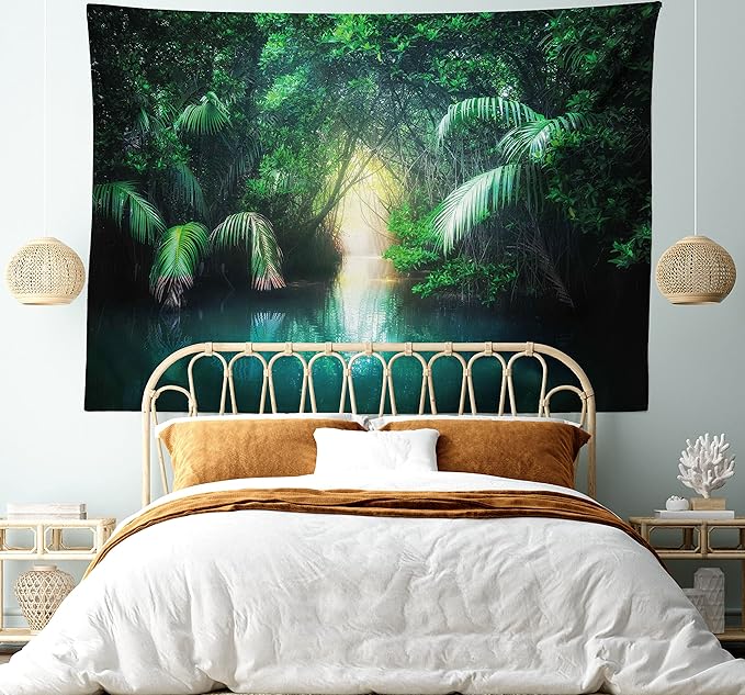 Ambesonne Jungle Tapestry King Size, Tropical Lake Mangrove Rainforest Pathway Through Sri Lanka Travel Destination, Wall Hanging Bedspread Bed Cover Wall Decor, King Size, Green Teal