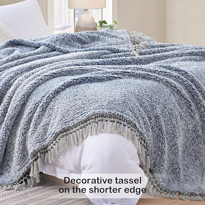 Ultra Soft Fleece Sherpa Blanket King Size,Lightweight Cozy Boho Bed Blanket with Decorative Tassel, Pattern Reversible, 2 Tones Ombre Blue,104”x90”