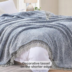 Ultra Soft Fleece Sherpa Blanket King Size,Lightweight Cozy Boho Bed Blanket with Decorative Tassel, Pattern Reversible, 2 Tones Ombre Blue,104”x90”