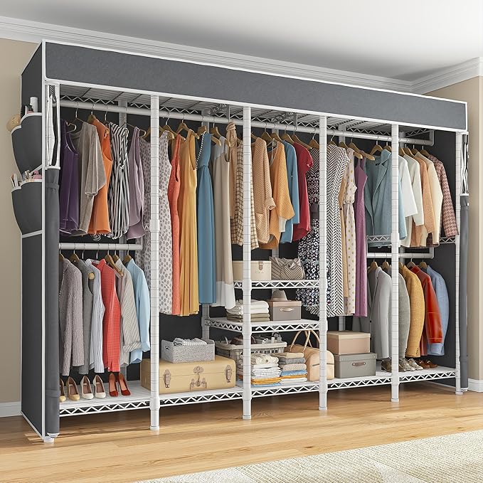 Raybee 90.6" W Clothes Rack with Cover Heavy Duty Clothing Racks for Hanging Clothes Extra Wide Portable Closet Loads 1200LBS Freestanding Garment Rack for Bedroom, White
