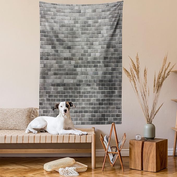 Ambesonne Grey and White Tapestry, Modern Brick Wall Tiles Urban Construction Architecture Building Town Art Picture, Fabric Wall Hanging Decor for Bedroom Living Room Dorm, 23" X 28", Grey