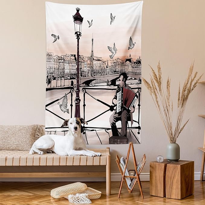 Ambesonne Music Tapestry Twin Size, Accordionist Playing Paris Street Urban European Famous City Panorama Graphic Scene, Wall Hanging Bedspread Bed Cover Wall Decor, 68" X 88", Peach Brown