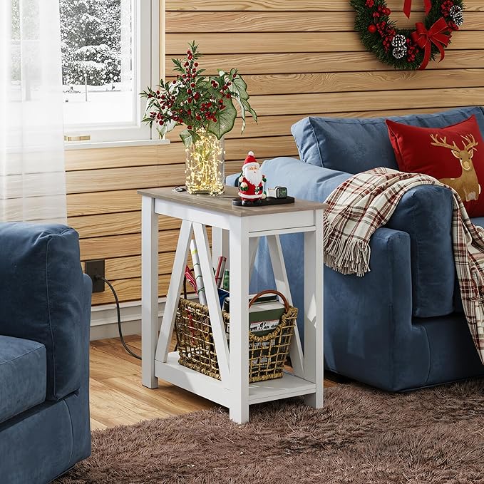 WLIVE Farmhouse End Table, Narrow Side Table with Charging Station, Slim End Table, Side Table for Bedroom, Living Room, Small Spaces, 2 USB and 2 Power Outlets, 11.8" D x 23.6" W x 23.74" H